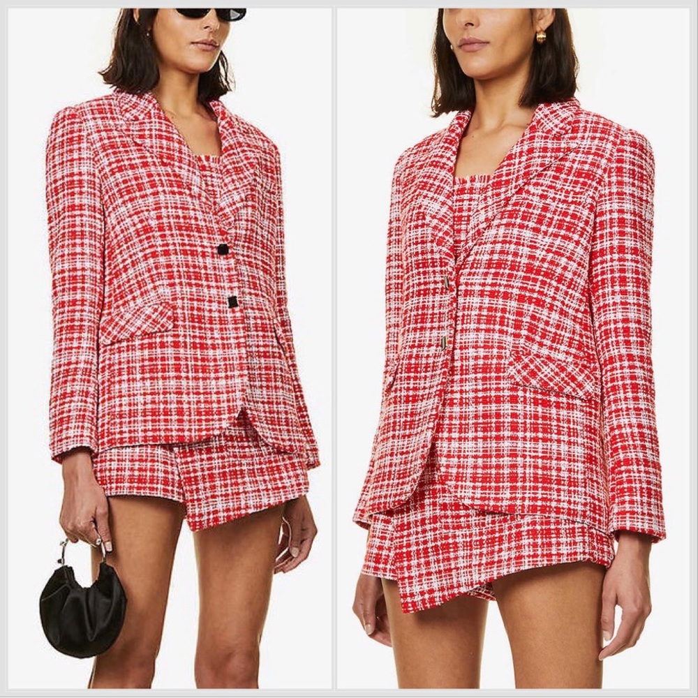 Rare SELF-PORTRAIT Red White Checked Boucle Single Breasted Tweed Blazer Sz 6